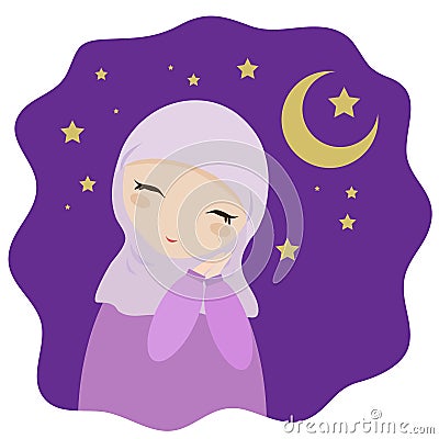 Muslim girl dreams on a purple background. Vector Illustration