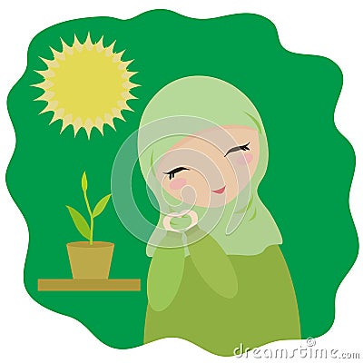 Muslim girl grows a plant. Vector illustration. Vector Illustration