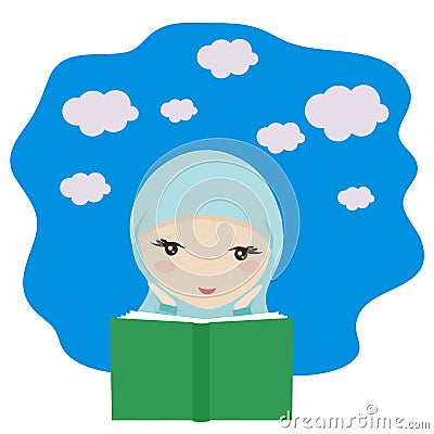 Muslim girl is reading a book and dreaming Vector Illustration