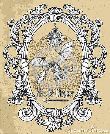 Epic dragon snorting fire with compass and sword in baroque victorian frame Vector Illustration