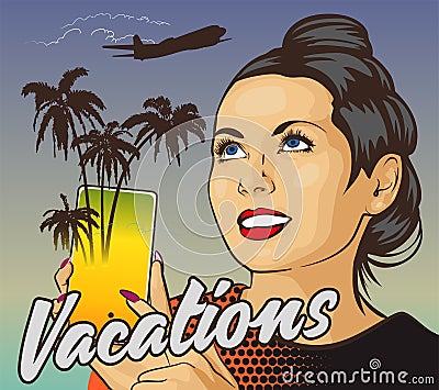 Woman wiht smile holding smartphone. Palm trees from screen. Jet fly on the background. Online booking service Stock Photo