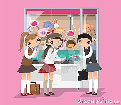 Japanese high-schoolgirls playing crane game Vector Illustration