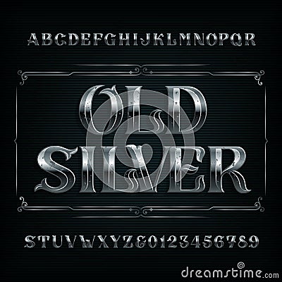 Old Silver alphabet font. Vintage metal letters and numbers. Vector Illustration