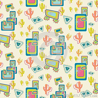 Mid Century Desert scene repeat pattern Vector Illustration