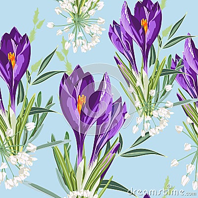 Seamless floral violet crocus flowers pattern on a blue background. Spring flowers and herb. Vector Illustration