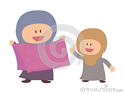 Muslim girls are considering a beautiful shawl on a white background Vector Illustration