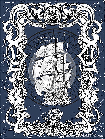 Old baroque frame with sea pattern and sailing frigate against grunge texture background Vector Illustration