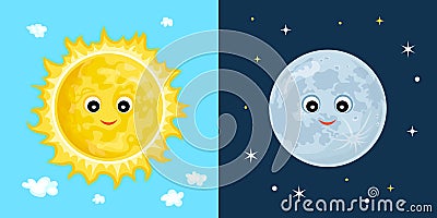 Sun and moon. Cute funny characters. Cartoon Illustration