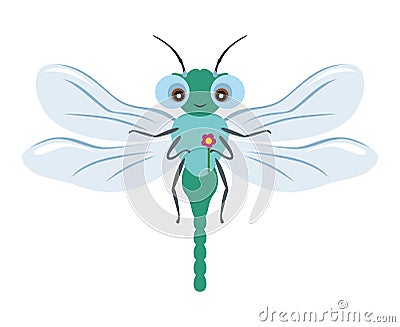 Dragonfly with flower isolated on white background. Cartoon Illustration