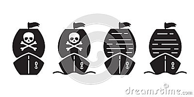 Boat pirate ship icon logo skull crossbones sailboat yacht Halloween cartoon anchor helm symbol nautical maritime illustrat Cartoon Illustration