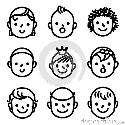 Kids and childs face avatar icons. Vector Illustration