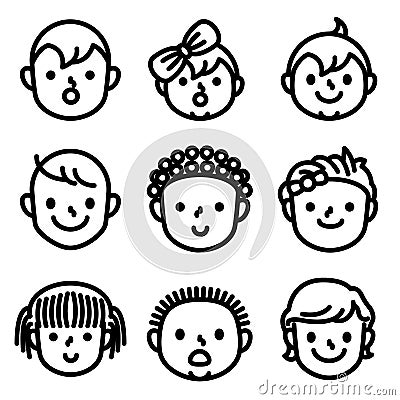 Kids and childs face avatar icons. Vector Illustration