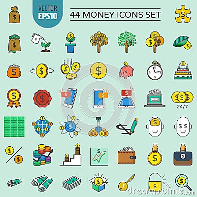 44 money icons set and financial and investment. Vector Illustration