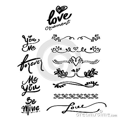 Love Hand drawn Ornaments and Calligraphy Words, divider. Vector Illustration