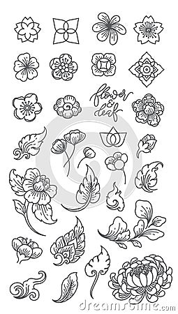 Traditional flower and leaf line icons isolated. Asia. Japanese. Thai. Chinese. Vector Illustration