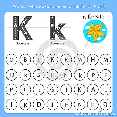 Worksheet use a dot marker to color each K Vector Illustration