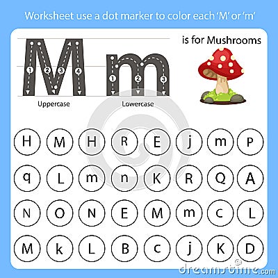 Worksheet use a dot marker to color each M Vector Illustration