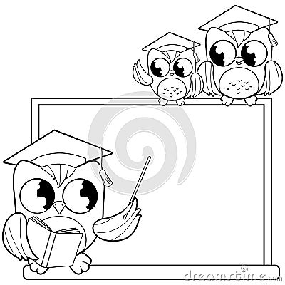 Cartoon owl teacher and students in the school classroom. Vector black and white coloring page. Vector Illustration