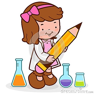 Scientist student girl at science class holding a big pencil. Vector illustration Vector Illustration