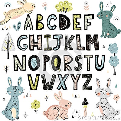 Alphabet with cute rabbits Vector Illustration