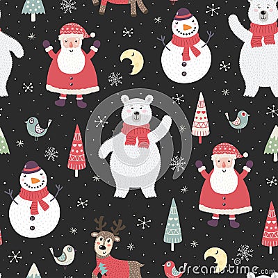 Christmas night seamless pattern with cute characters: polar bear, Santa Claus Vector Illustration