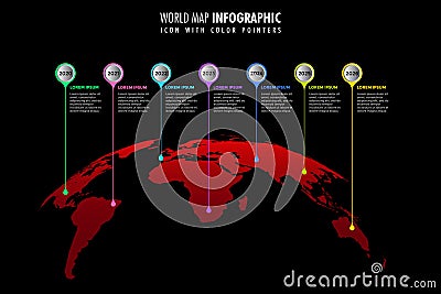 World map infographic template black background, color icons as data visualization Vector Illustration