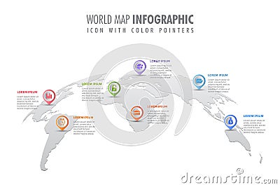 World map infographic template, symbol icon with color pointers Vector Illustration