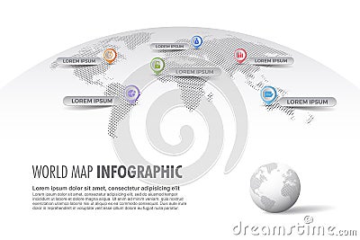 Light halftone world map infographic template with globe, color icons as data visualization Vector Illustration