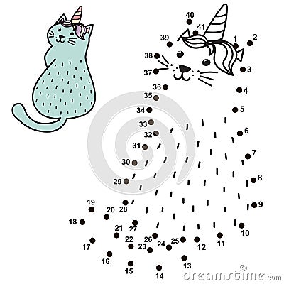 Connect the dots and draw a funny unicorn cat. Numbers game for children with caticorn Vector Illustration