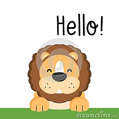 Hand drawn vector illustration of a cute funny lion face, with lettering quote Hello. Vector Illustration