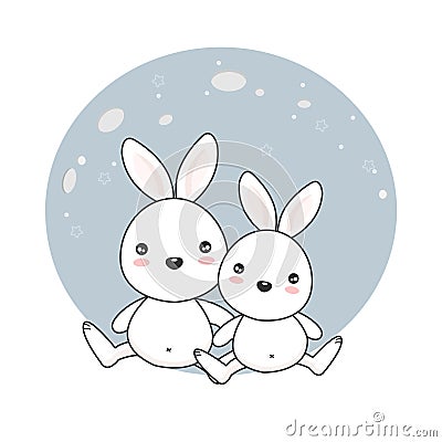 Cute bunnies on the moon. Vector Illustration