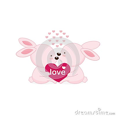 Greeting card with couple bunny and Big pink hearts. Vector Illustration