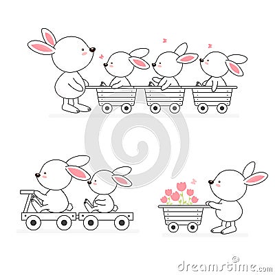 Lovely cartoon white rabbit family. Vector Illustration