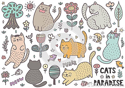 Cute cats collection with mouses, birds, trees, flowers and plants Vector Illustration