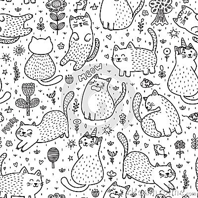 Cute cats in the summer seamless pattern Vector Illustration