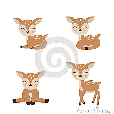 Cute deer cartoon in different poses. Vector Illustration