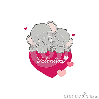 Happy Valentines Day. Cute couple elephants and hearts Vector Illustration