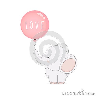 Cute elephant with balloons. Valentine`s day card. Vector Illustration