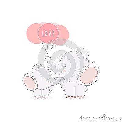 Cute mom and baby elephant with balloons. Mother`s day card. Vector Illustration