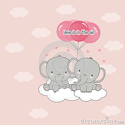 Cute couple elephant with balloons. Vector Illustration