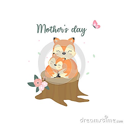 Cute animals for Mother`s Day. Foxes mom and baby. Vector Illustration