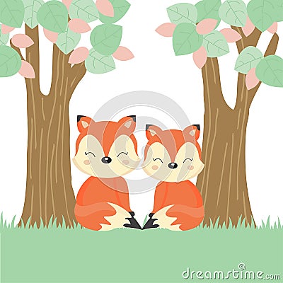 Cute couple foxes in the forest. Vector Illustration