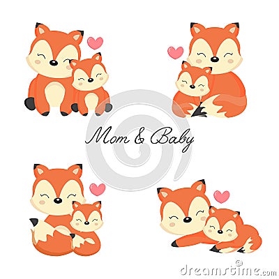 Set of little fox and mother. Vector Illustration