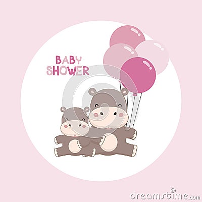 Baby shower invitation card.Cute hippopotamus with balloons cartoon. Vector Illustration