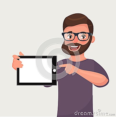 Man in glasses with beard is showing the tablet PC. People and gadgets Vector Illustration
