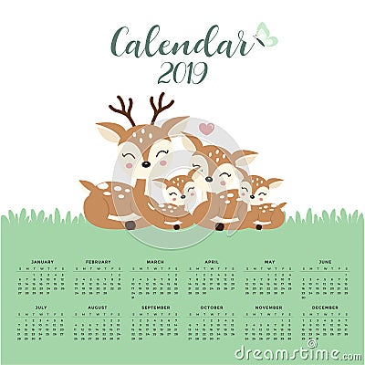 Calendar 2019 with cute deer family. Vector Illustration