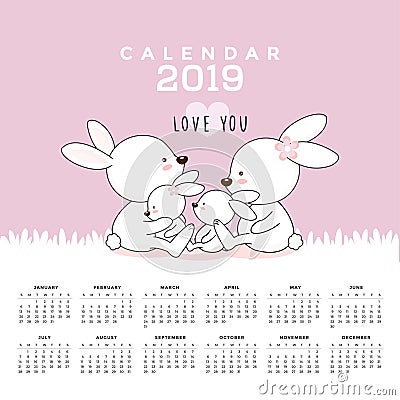 Calendar 2019 with cute rabbits. Hand drawn vector illustration Vector Illustration