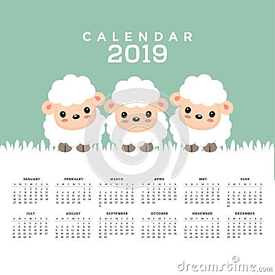 Calendar 2019 with cute sheep cartoon. Vector Illustration