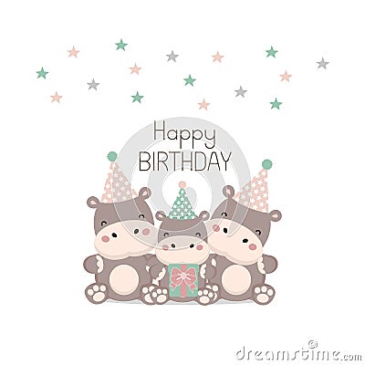 Happy birthday card with cute hippopotamus cartoon. Vector Illustration