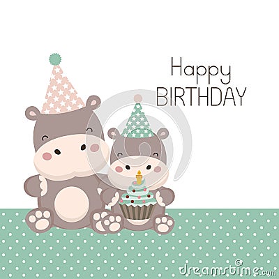 Happy birthday card with cute hippopotamus cartoon. Vector Illustration